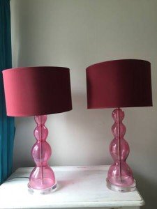 pair of light pink glass bubble lamps